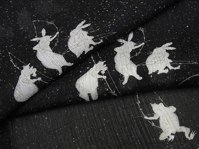 平和屋1□極上 夏物 紗紬 鳥獣戯画 黒地 鈴乃屋扱い 逸品 未使用3s4930-
