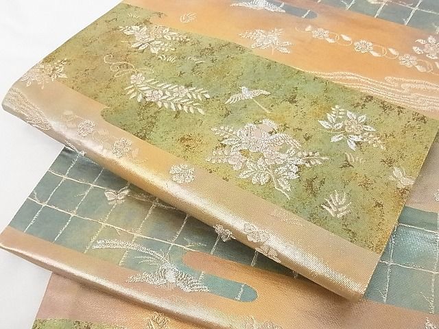 平和屋-こころ店■六通柄袋帯　みかげ錦　花鳥文　銀糸　引箔　正絹　逸品　B-cy5900_画像6