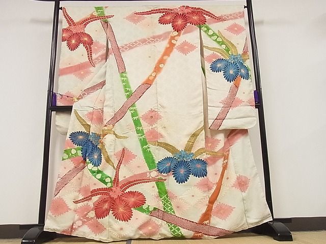 平和屋-こころ店■豪華振袖　駒刺繍　絞り　草花文　踊り桐　金彩　着丈163cm　裄丈64cm　正絹　逸品　B-ag4734_画像1