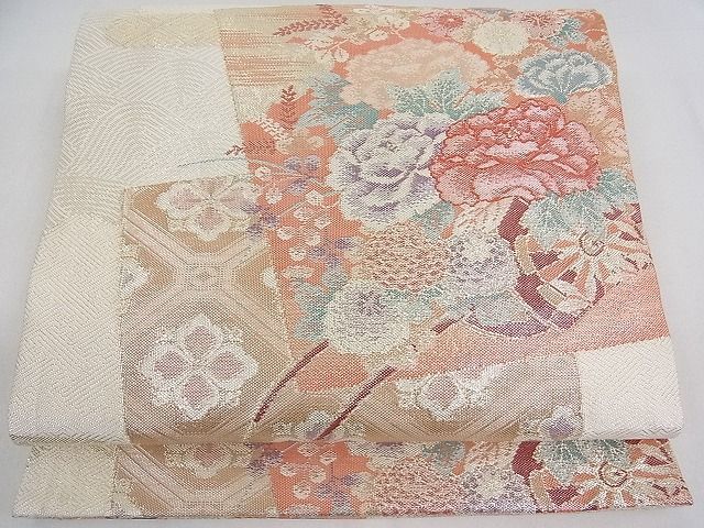 平和屋2■佐賀錦　六通柄袋帯　色紙花車文　金糸　逸品　ab3855_画像2