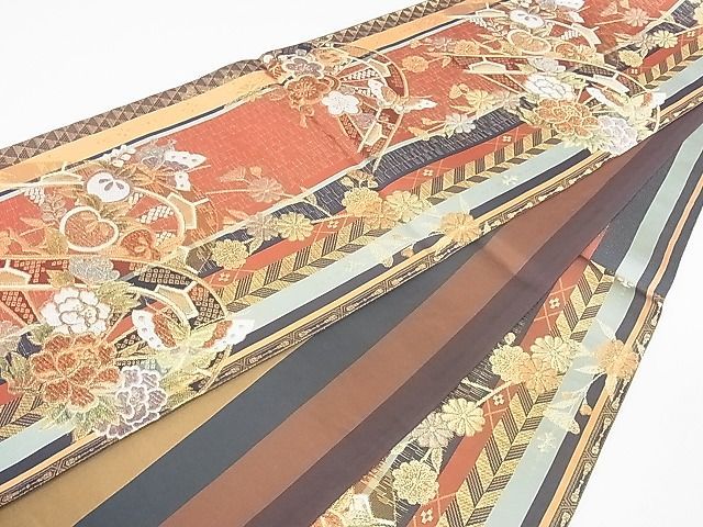 平和屋2■六通柄袋帯　片輪車吉祥花文　金糸　逸品　sf2373_画像6