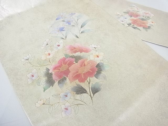 平和屋2■九寸名古屋帯　螺鈿箔　草花文　銀彩　引箔　逸品　wb7287_画像4