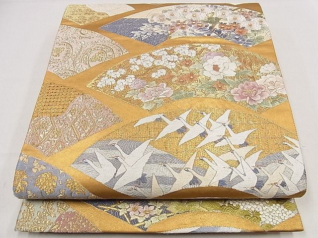 平和屋1■袋帯　総刺繍　地紙飛鶴草花文　金銀糸　やまと誂製　逸品　tx9299_画像2