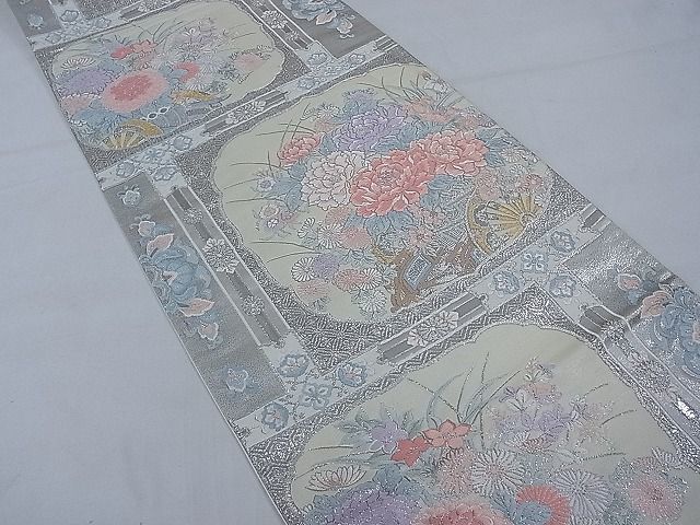 平和屋1■六通柄袋帯　唐織　九百錦　格天井花車文　プラチナ箔　逸品　kb2239_画像2