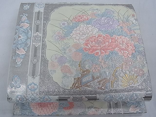 平和屋1■六通柄袋帯　唐織　九百錦　格天井花車文　プラチナ箔　逸品　kb2239_画像1