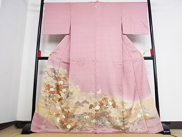 平和屋-こころ店■豪華色留袖　流水花文　鶴　暈し染め　金彩　ロング丈　着丈170cm　裄丈67cm　正絹　逸品　B-ag4963_画像1