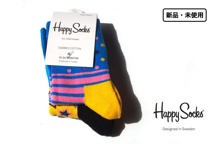 送料無料★新品｜未使用｜ハッピーソックス｜happy socks｜キッズ用クルー丈ソックス2足セット｜ドット×ボーダー柄・星柄｜12-24カ月用_画像1