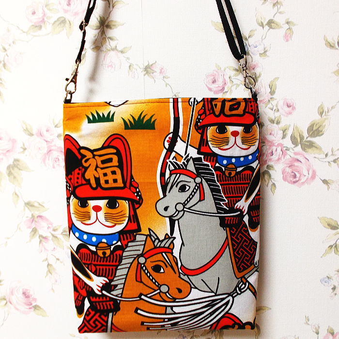  peace pattern pochette cat samurai cat . war cat ... flat peace . war .....sakoshu men's lady's hand made shoulder bag 