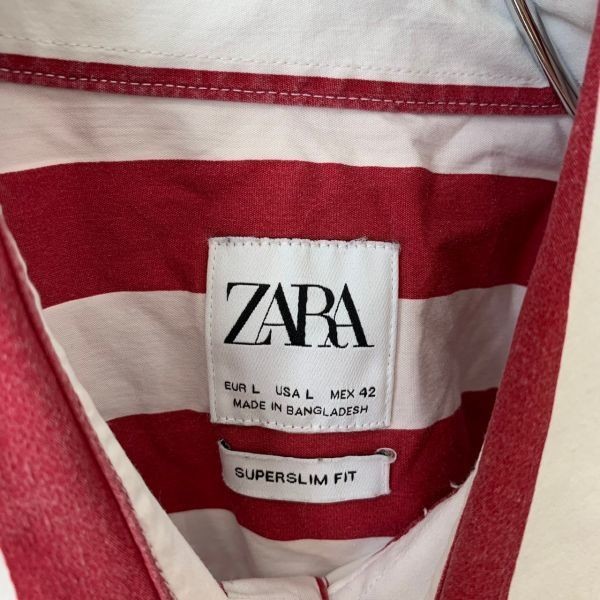 [KWT1194] ZARA ストライプ柄半袖シャツ メンズ レッド×ホワイト L ポス_画像4