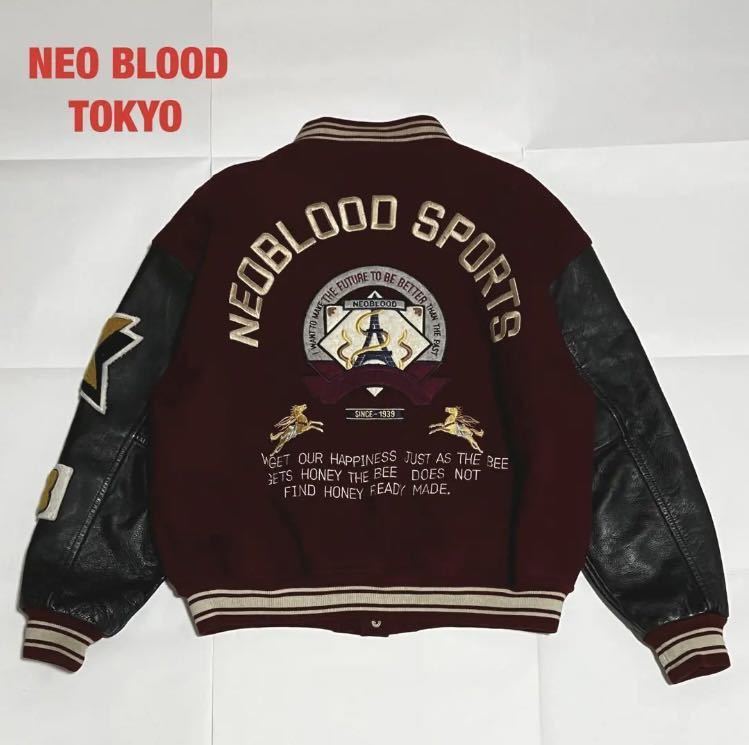 【人気】NEO BLOOD TOKYO　ネオブラッド　スタジャン　袖デザイン　牛皮レザー　キルティング　ワッペン　バイカラー　オーバーサイズ　90s
