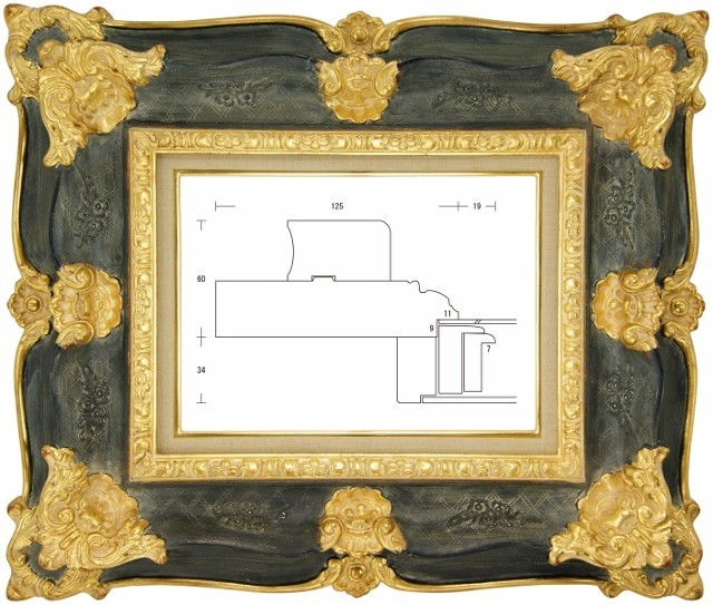 額縁 油彩額縁 油絵額縁 木製フレーム ルイ式角花ニ段 金+青 サイズP20号_画像1