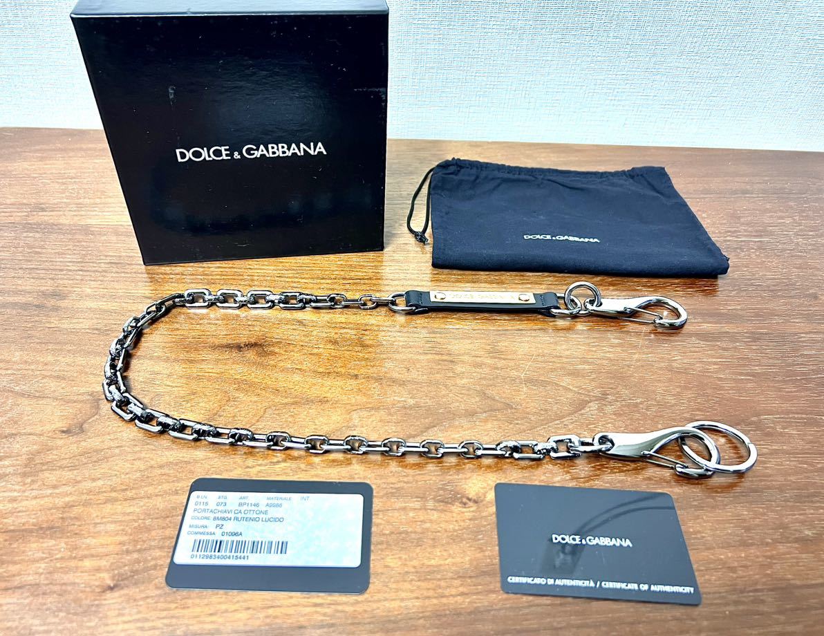 美品 箱・袋付き DOLCE&GABBANA ゴールド ロゴプレート付き ウォレット チェーン キーリング メタル× ゴールド_画像1