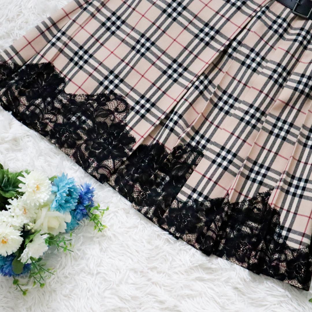 【極美品】バーバリーロンドン/BURBERRY LONDON レース刺繍プリーツスカート ノバチェック ラップスカート 花柄刺繍