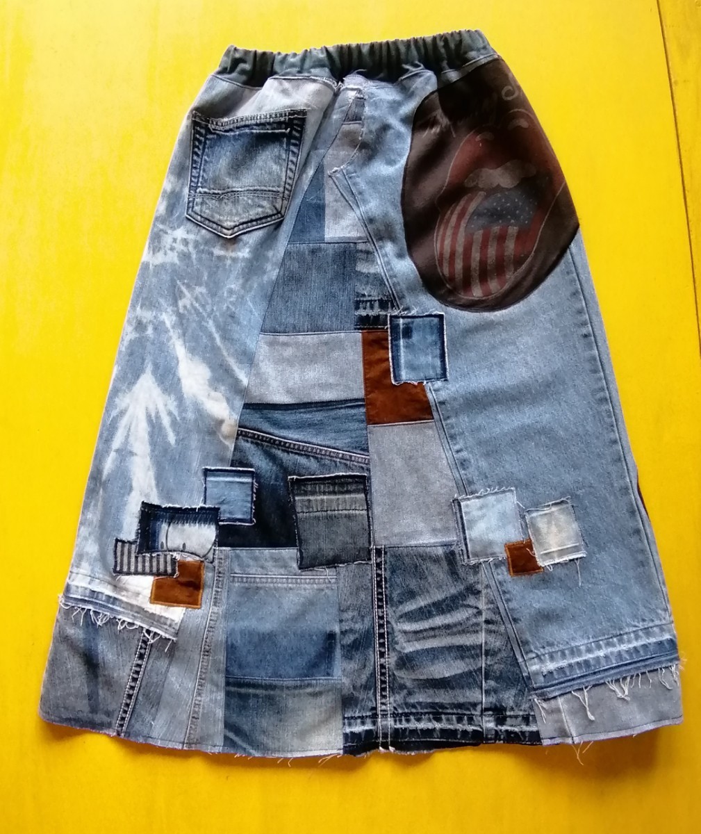 デニムリメイク ロングスカート ハンドメイド パッチワーク ケミカルウォッシュ ロックTシャツ