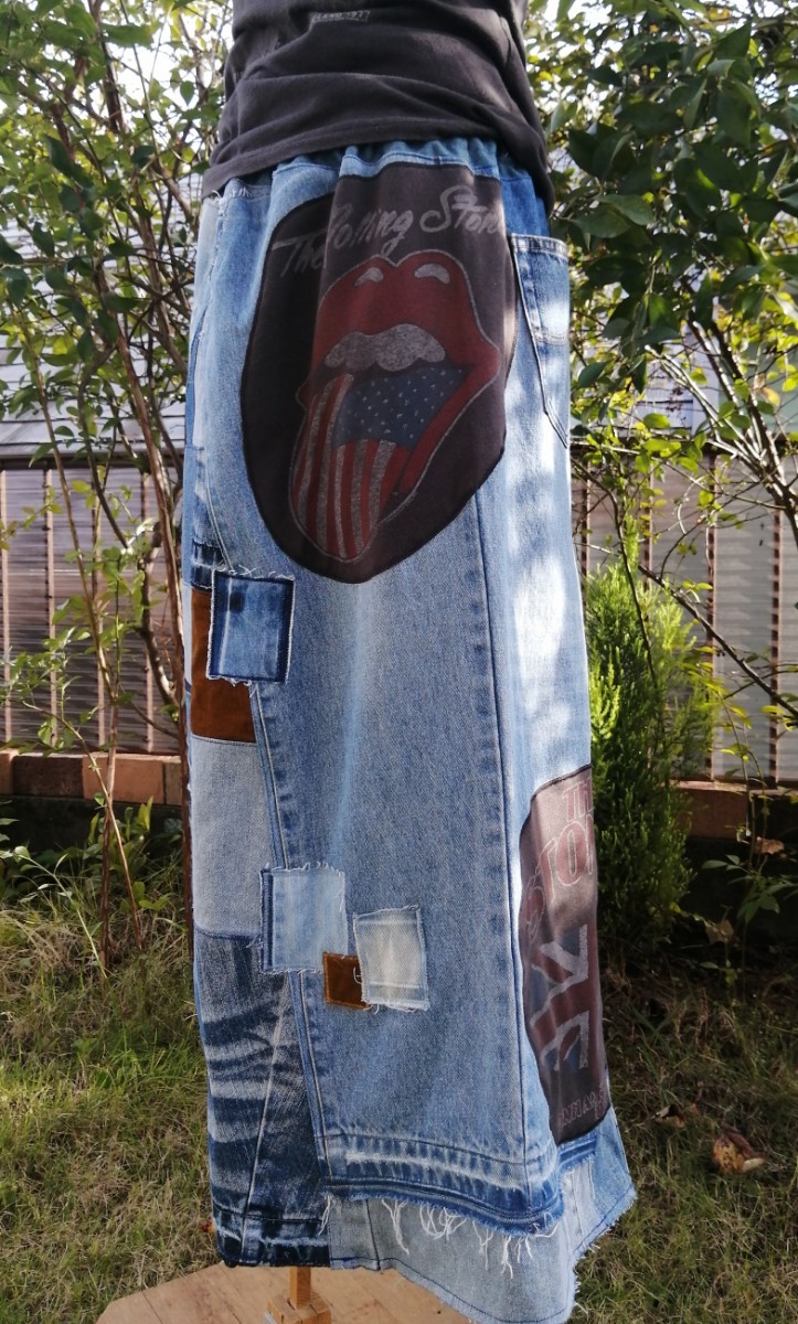 デニムリメイク ロングスカート ハンドメイド パッチワーク ケミカルウォッシュ ロックTシャツ