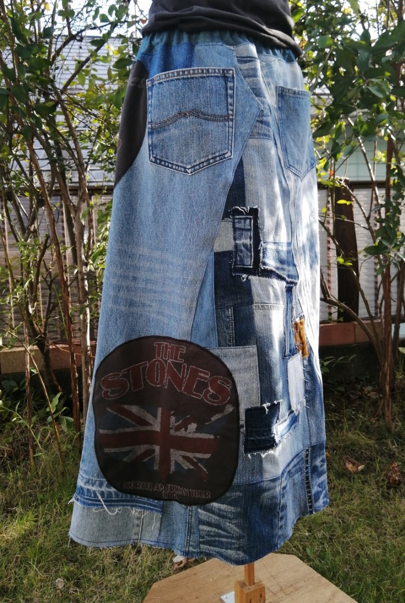 デニムリメイク ロングスカート ハンドメイド パッチワーク ケミカルウォッシュ ロックTシャツ
