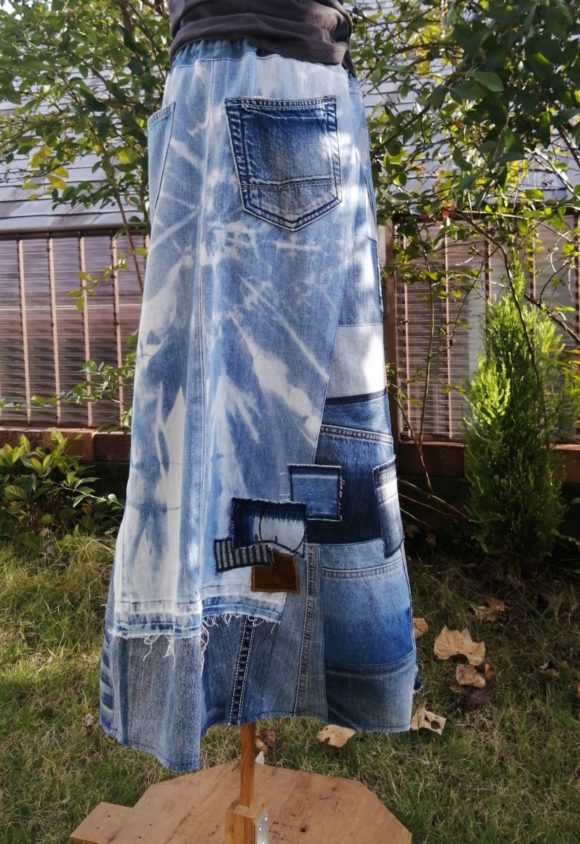 デニムリメイク ロングスカート ハンドメイド パッチワーク ケミカルウォッシュ ロックTシャツ
