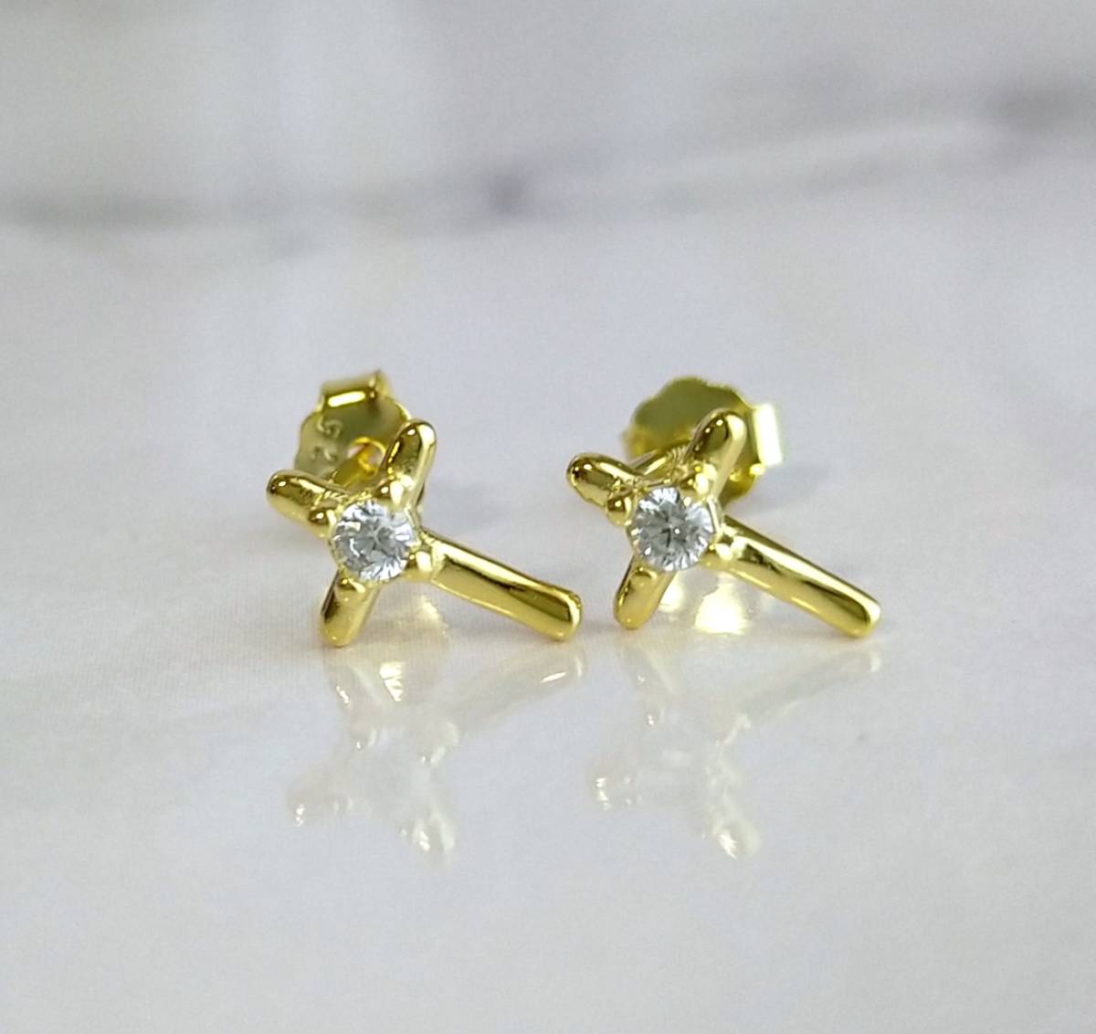 クロスピアス CZ シルバー925 両耳 ゴールド クロス 小さい Ｋ14ＧＰ ピアス 14金 14kgp
