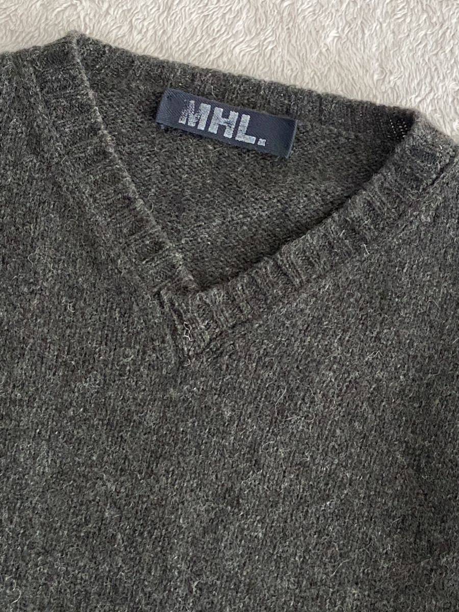 MHL Scotland made wool V neck sweater men's olive green Margaret Howell 