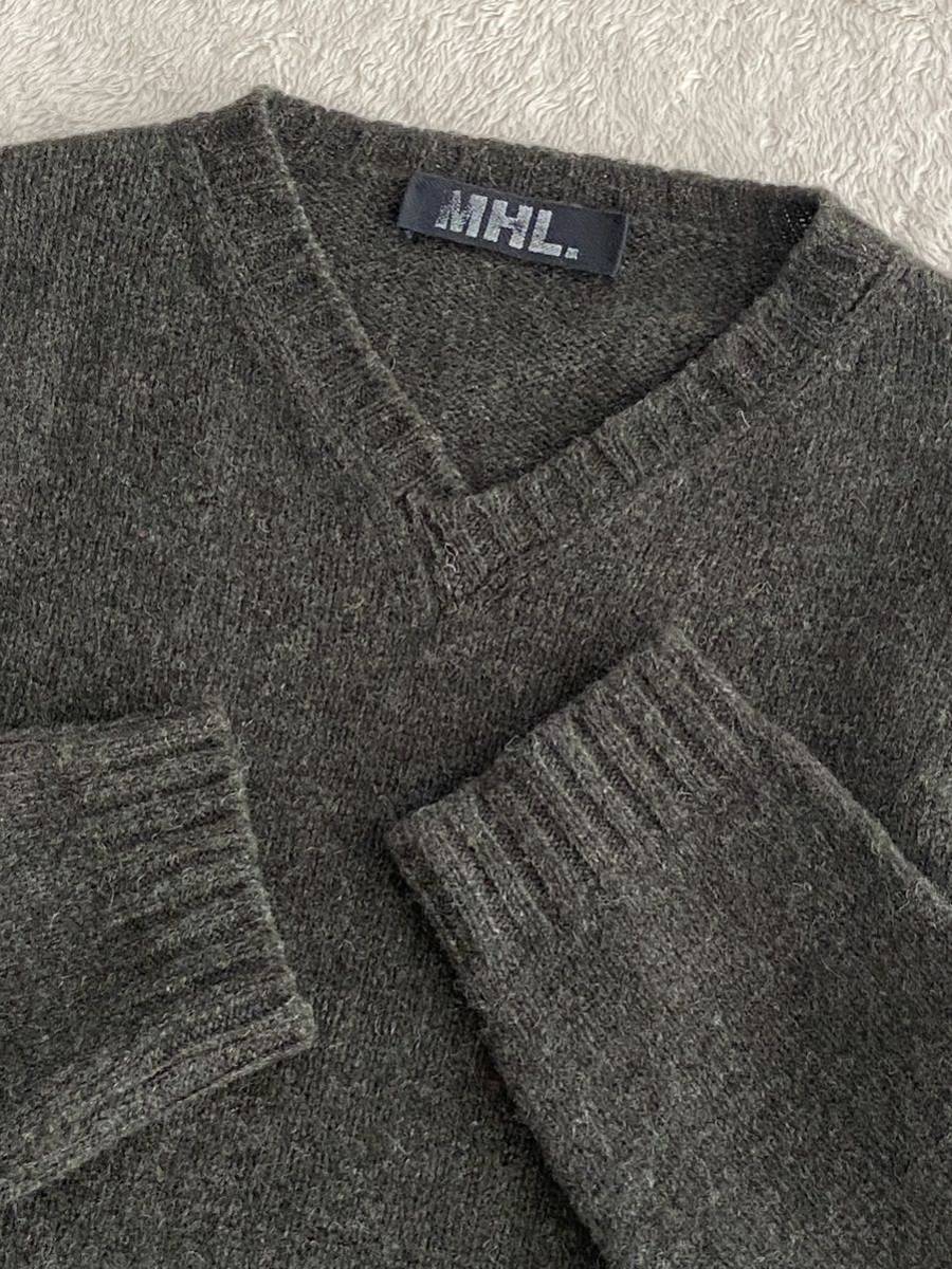 MHL Scotland made wool V neck sweater men's olive green Margaret Howell 