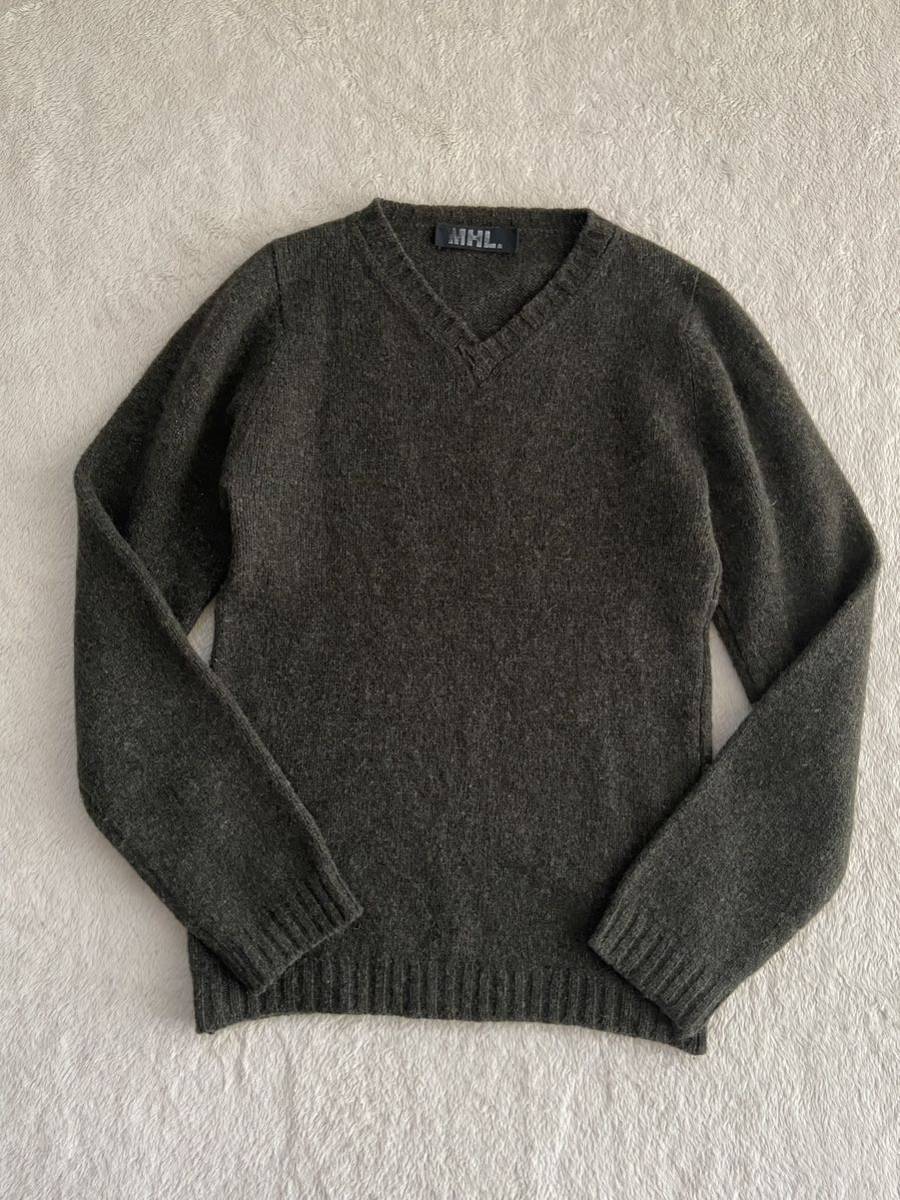 MHL Scotland made wool V neck sweater men's olive green Margaret Howell 