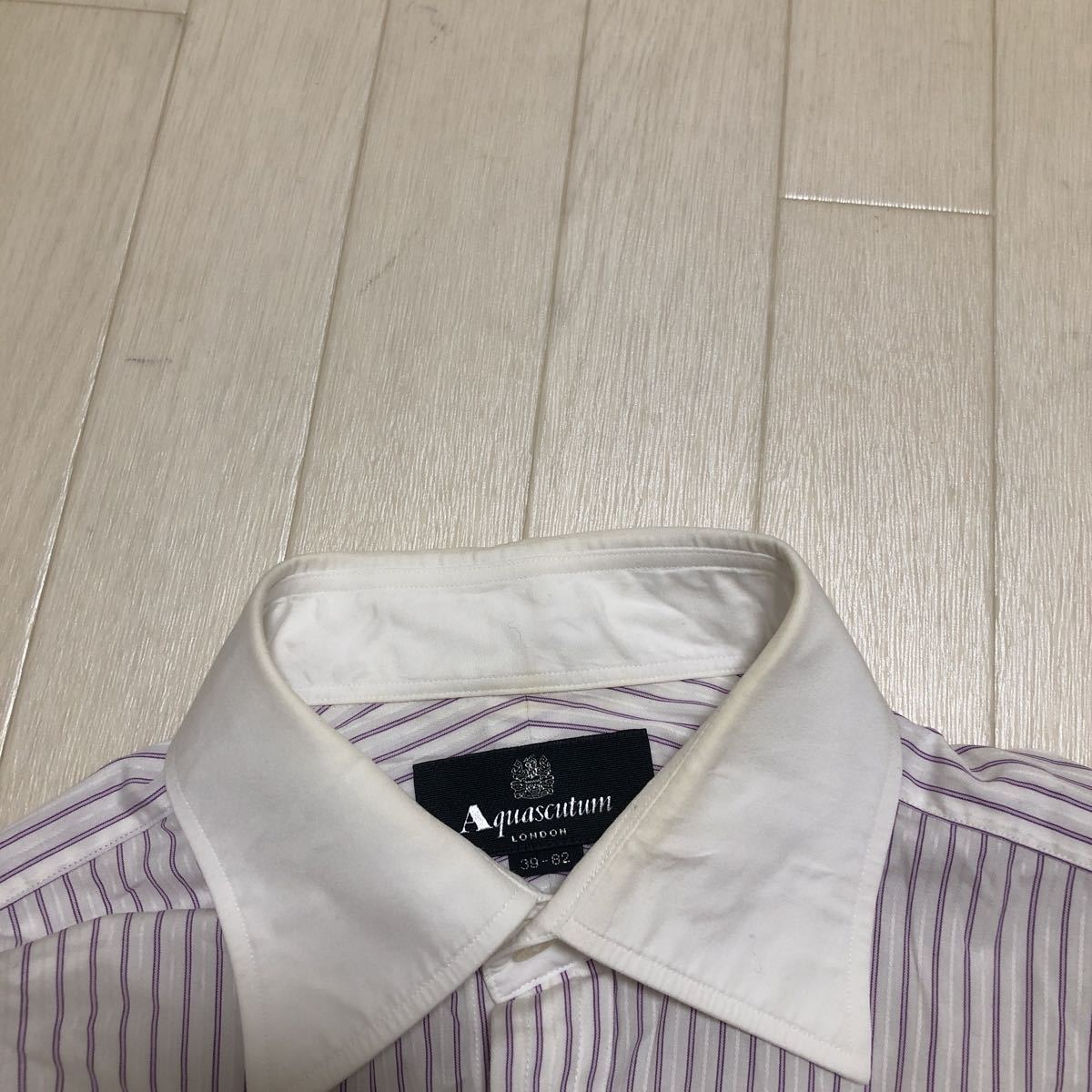  peace 49*① Aquascutum Aquascutum long sleeve button shirt k relic shirt stripe 39-82 men's white purple 
