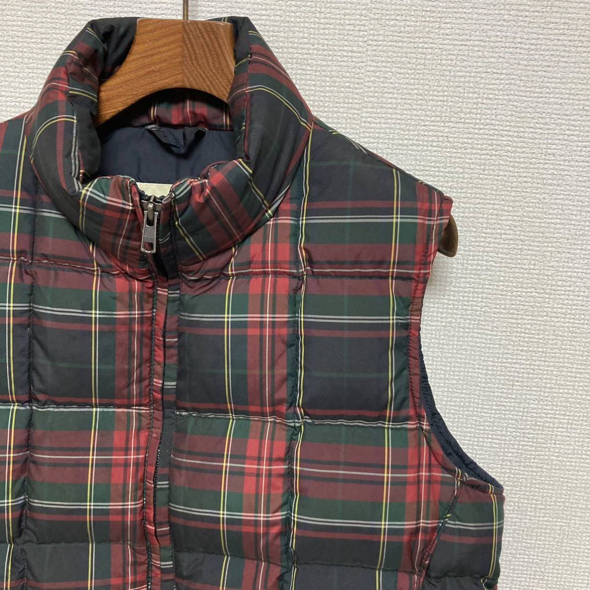 極美品■Eddie Bauer エディーバウアー■チェック グースダウン ベスト S ネイビー グリーン ジップアップ スクエアキルティング 男女兼用