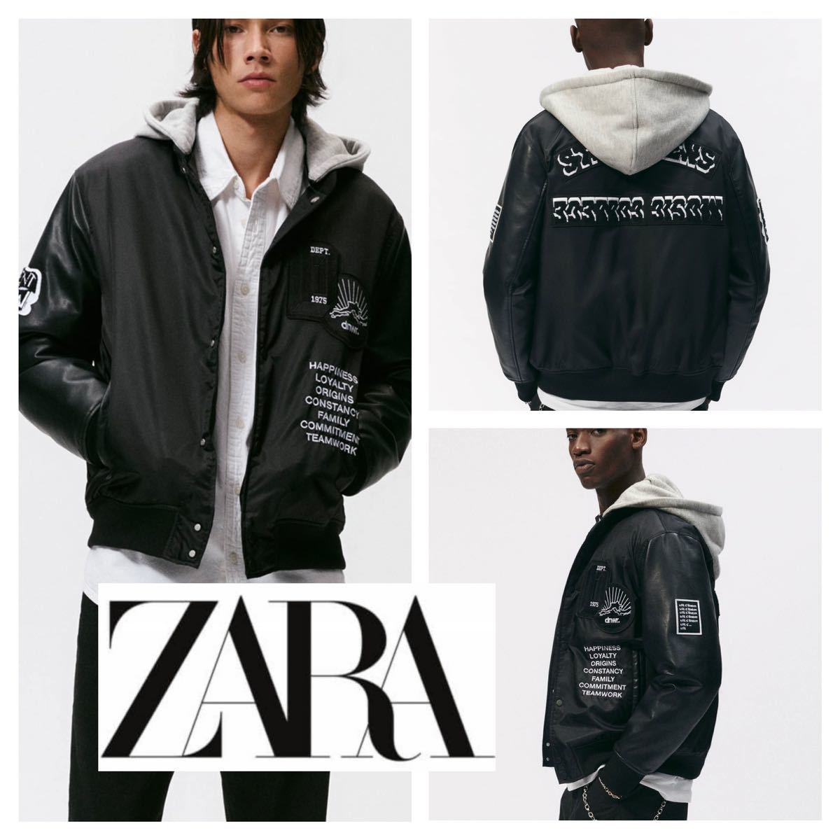 美品 ZARA ザラ 袖革 エコレザーアーム ボンバージャケット MA1 フード