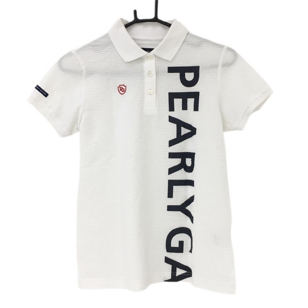 パーリーゲイツ 半袖ポロシャツ 白×ネイビー サッカー生地 レディース 0(S) ゴルフウェア PEARLY GATES_画像1