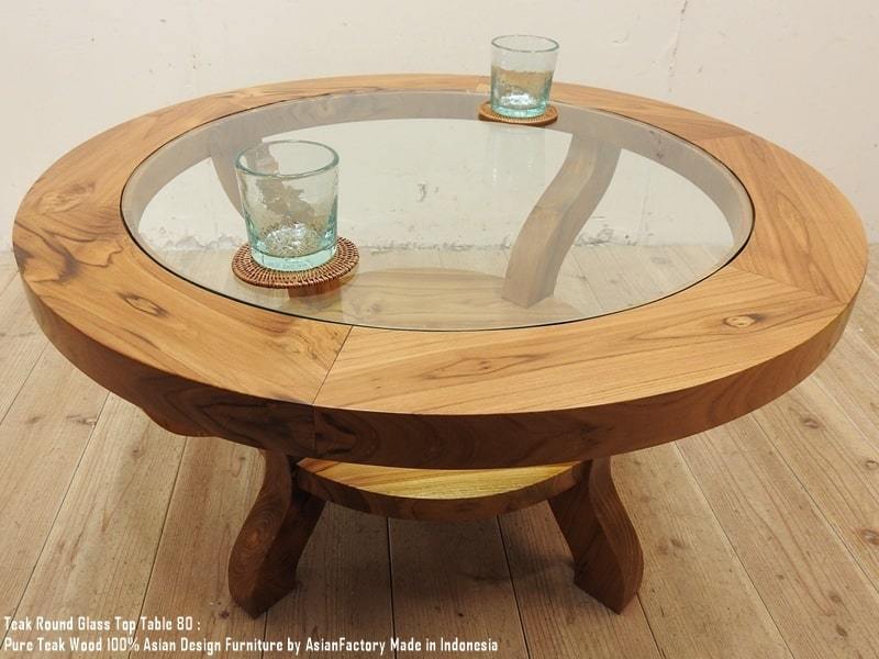 チーク無垢材 ガラストップテーブル ラウンド 80cm ナチュラルブラウン ラウンドテーブル 木製 コーヒーテーブル ローテーブル