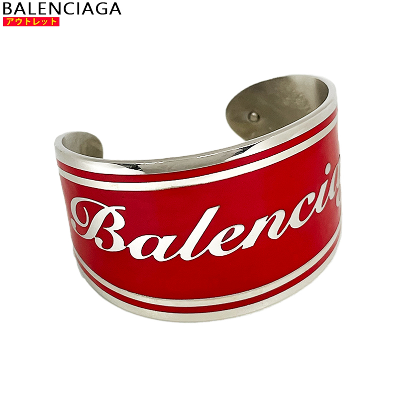 BALENCIAGA バレンシアガ 新品・アウトレット Sサイズ 503320 TZ9E9 852 ロゴバングル ブレスレット シルバー/レッド 送料無料