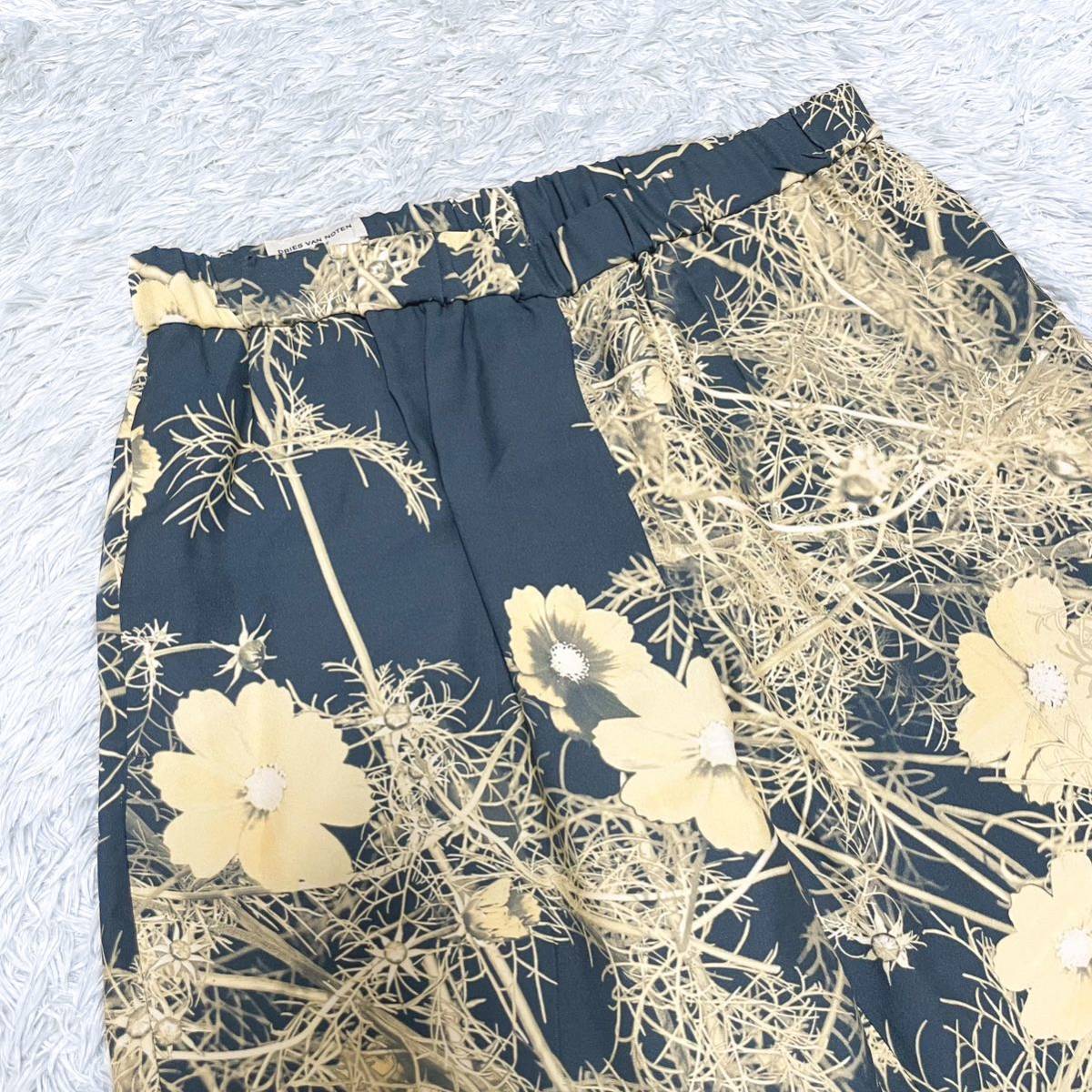 極美品 ドリスヴァンノッテン DRIES VAN NOTEN 花柄 クレープパンツ テーパードパンツ 総柄 レーヨン 100% スレートブルー/イエロー 38_画像3