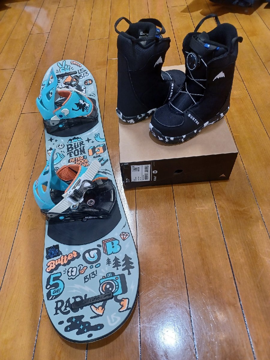 中古と新品 BURTON キッズスノボー３点セット ボードとバインディング 中古AFTERSCHOOL：100cm ブーツ 新品GROM BOA：19.5cm_画像1