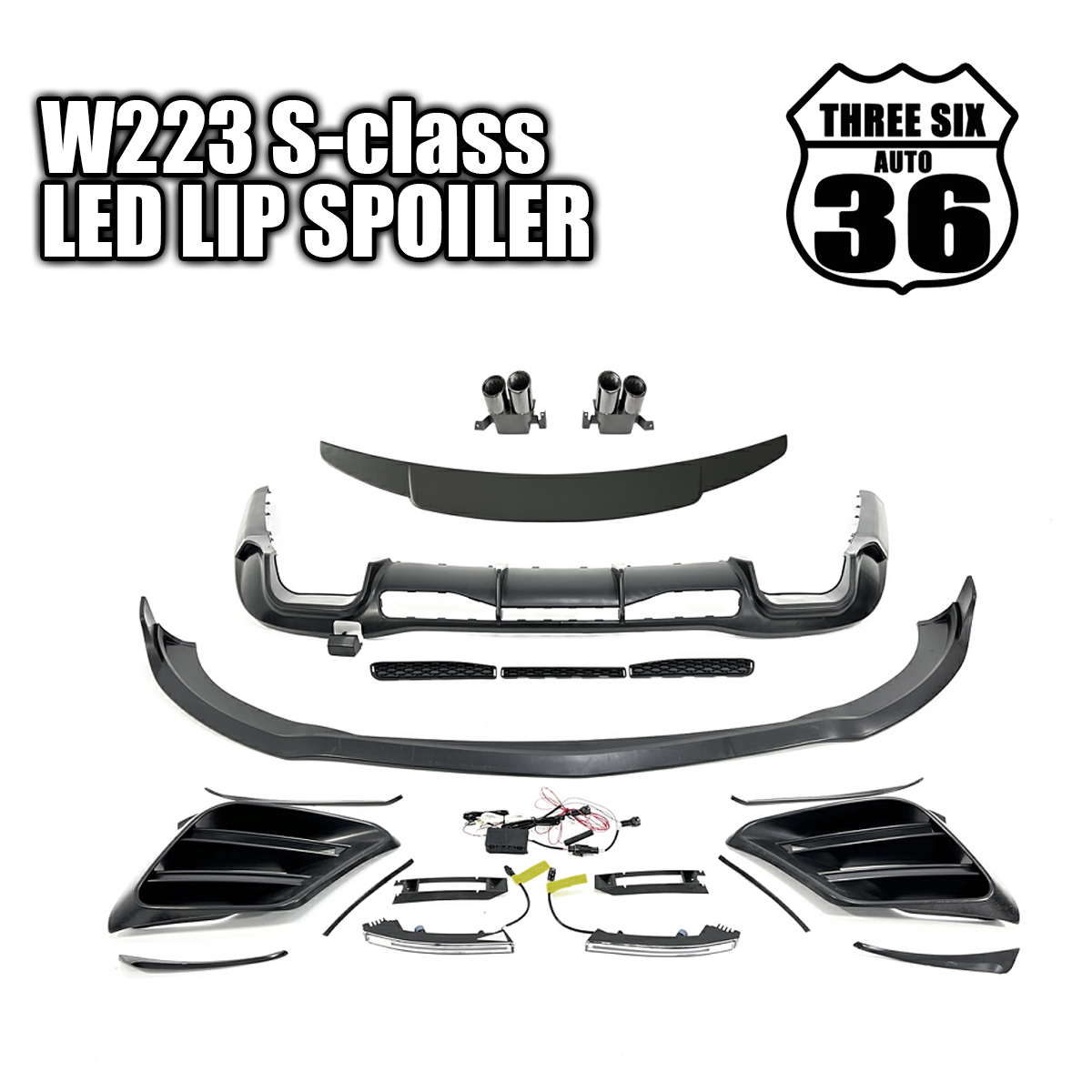 ★品質保証！W223 フロントリップ ダクトカバー LED リアディフューザー トランクスポイラー マフラーカッター S400 S500 S580 S63 S65_画像8