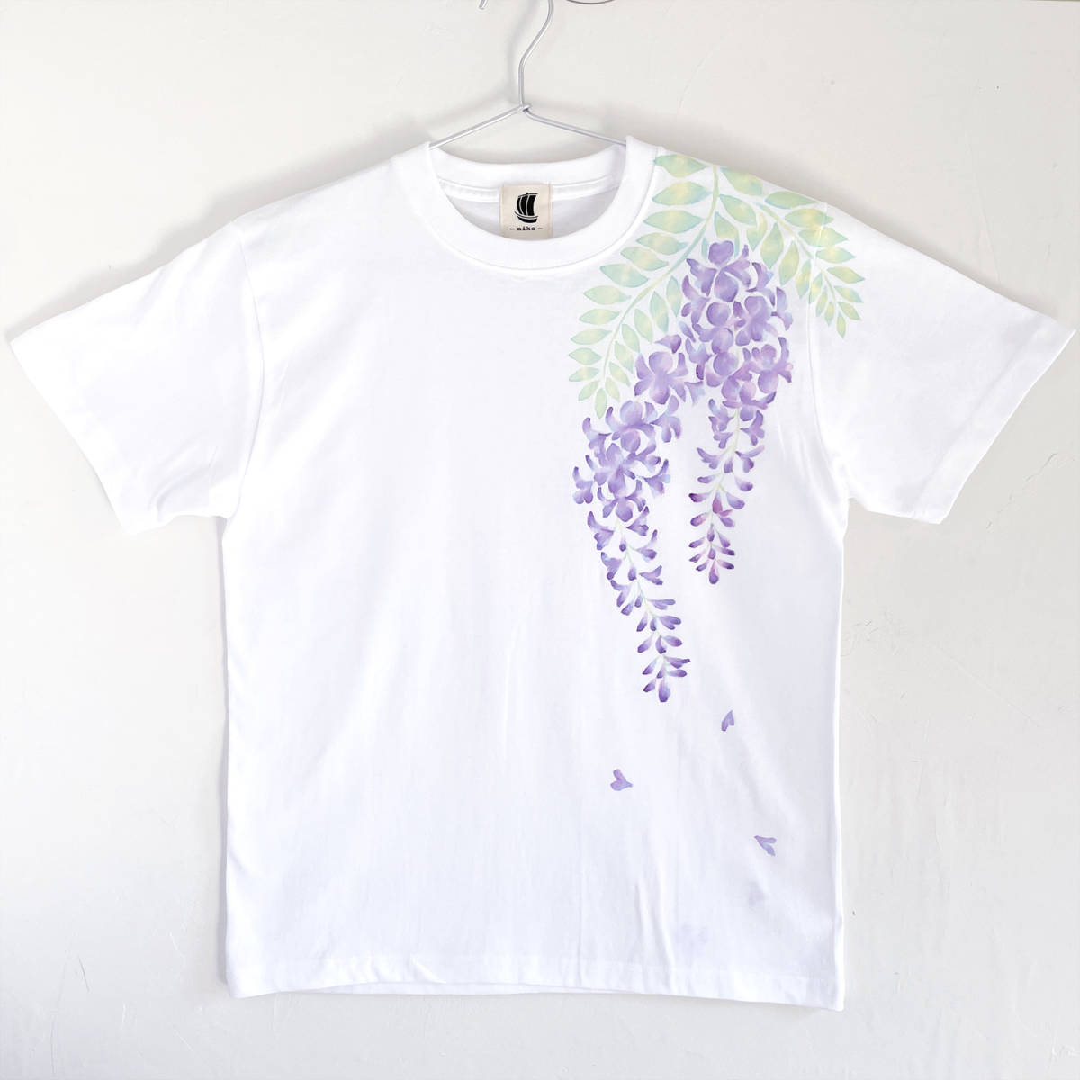 メンズ Tシャツ Mサイズ 藤の花柄Tシャツ ホワイト ハンドメイド 手描きTシャツ 花柄_画像4