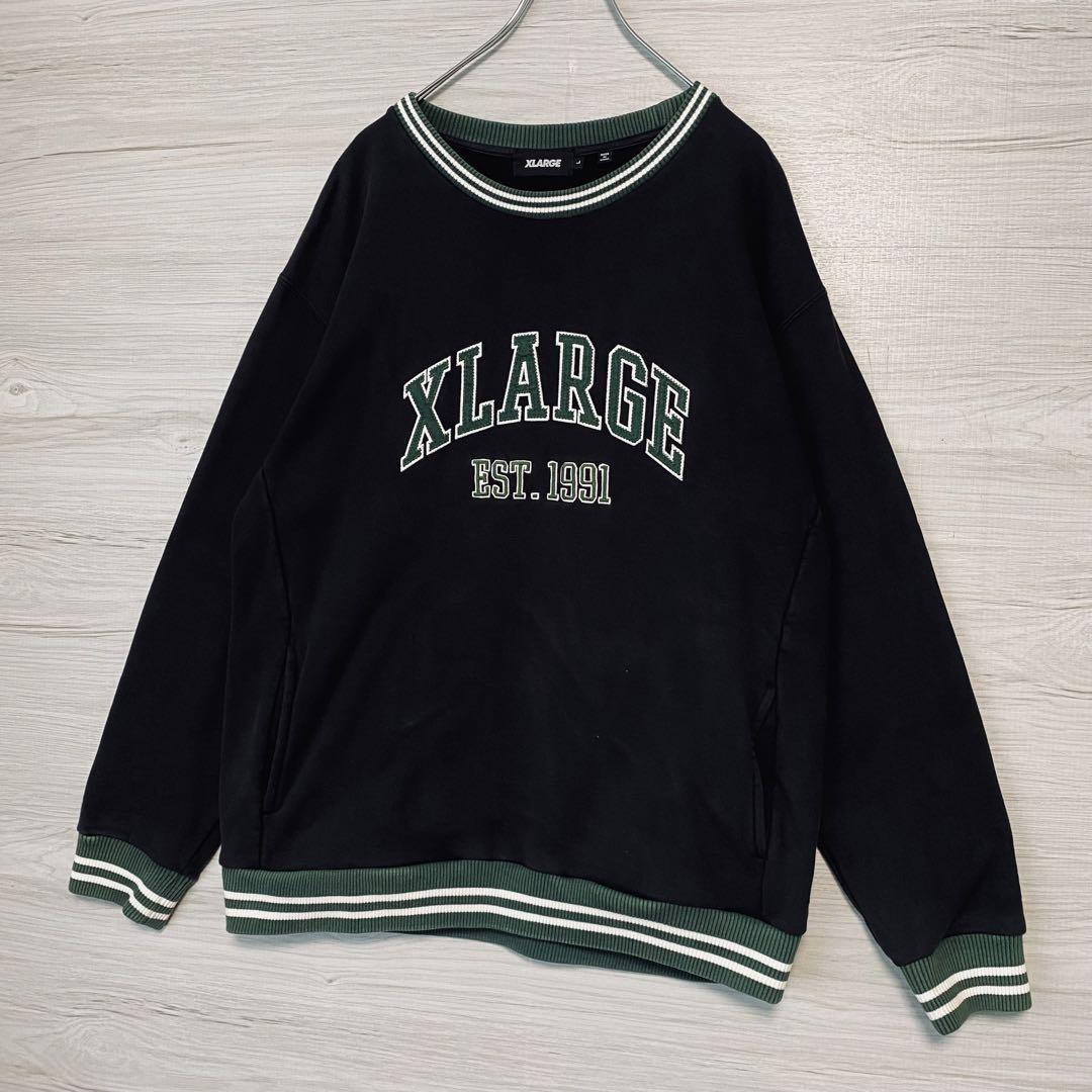 【人気デザイン】XLARGE エクストララージ　スウェット　Lサイズ　リンガー　アーチロゴ　人気カラー　刺繍ロゴ　センターロゴ　ビッグロゴ