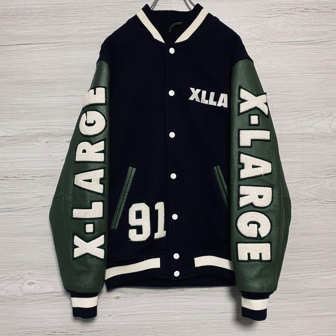 レア物 XLARGE エクストララージ ワッペン刺繍スタジャン 袖レザー L-