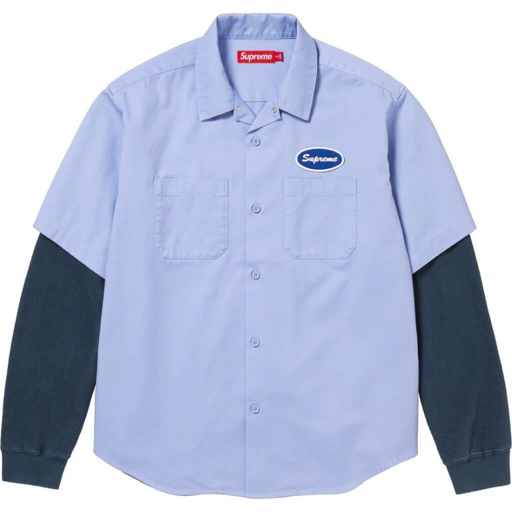 送料無料 M 水色 Supreme Thermal Sleeve Work Shirt Light Blue シュプリーム サーマル スリーブ ワークシャツ ライトブルー 23FW 新品_画像1