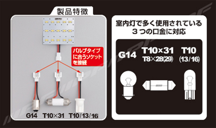 ルームランプ LED 車用 T10 T13 T16 T10×31 T10×28 G14 150lm 7000K ホワイト 12V用 1個入 プレートタイプ マルチ仕様 309R IPF_画像3