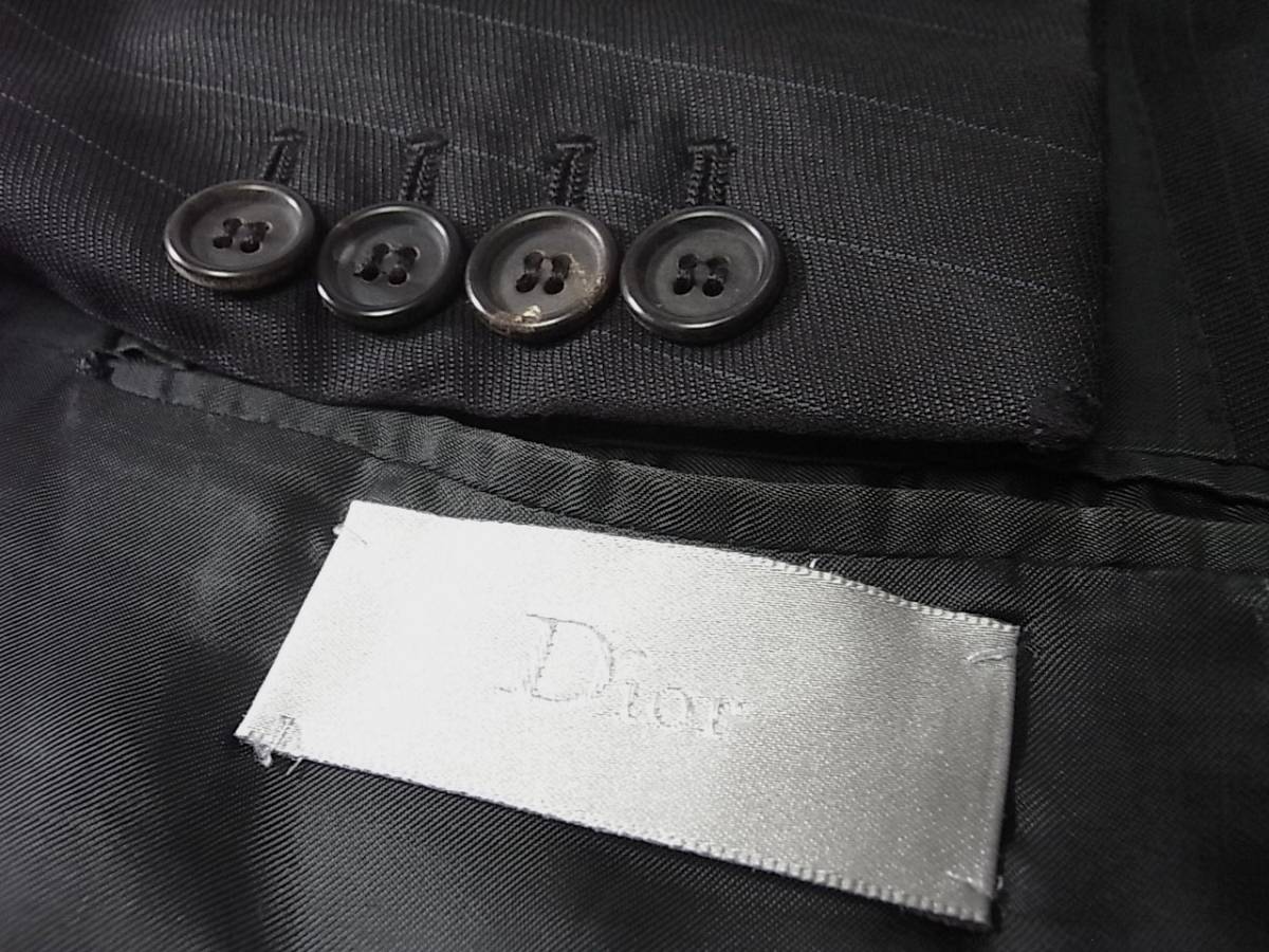 size50 ディオールオム Dior homme シルク混３釦ジャケット ロング丈 ブラック系ストライプ