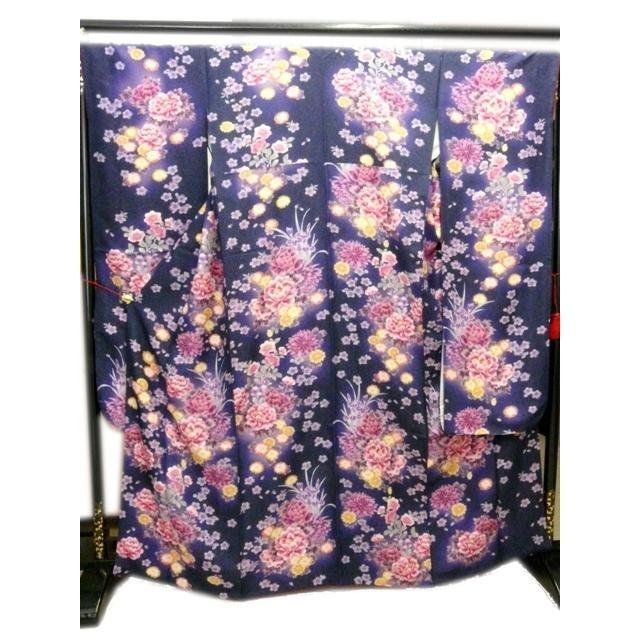 振袖 正絹 試着品 鉄紺 銀糸ラメ 牡丹 あやめ 菊 桜 総柄 着丈164cm 裄