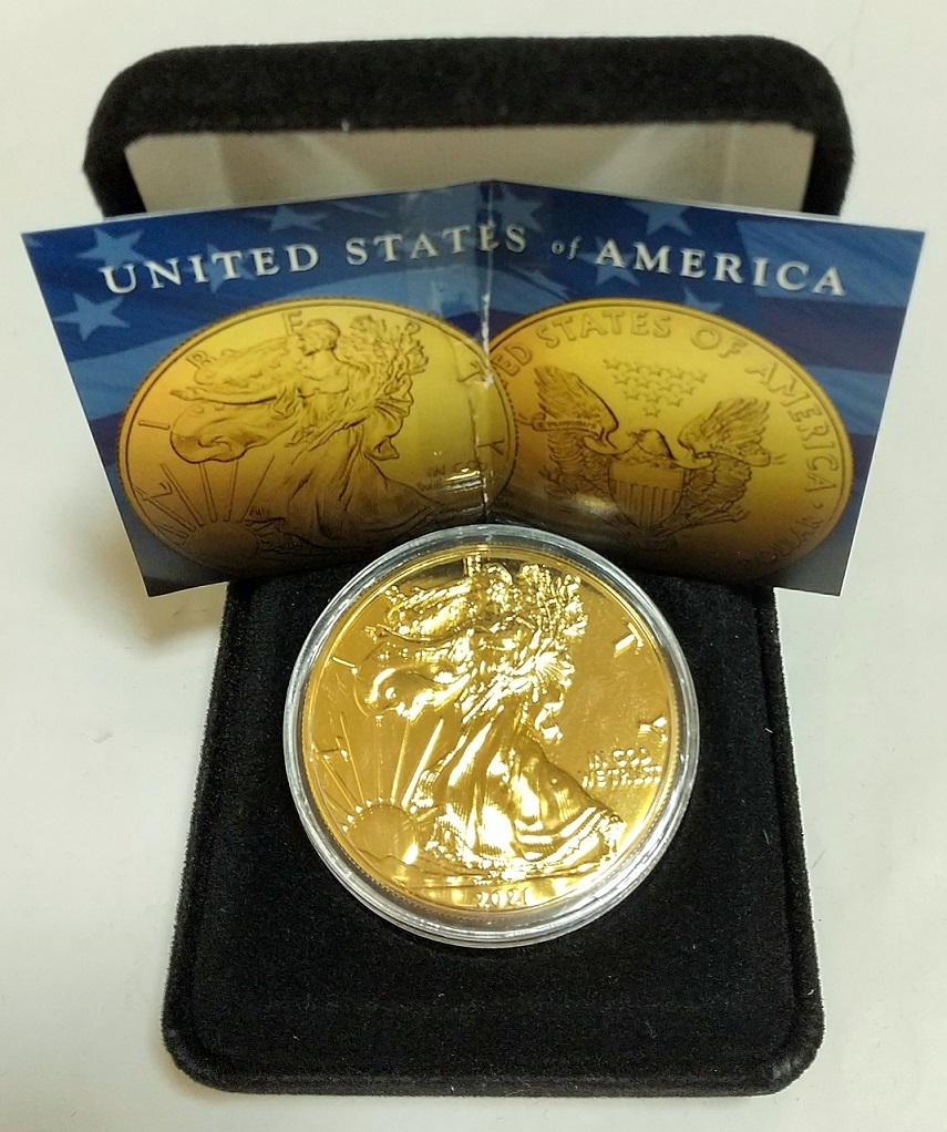 2021年 米国 アメリカ イーグル 1ドル 1オンス 24KT GOLD CLAD 金メッキ銀貨 ウォーキング リバティー