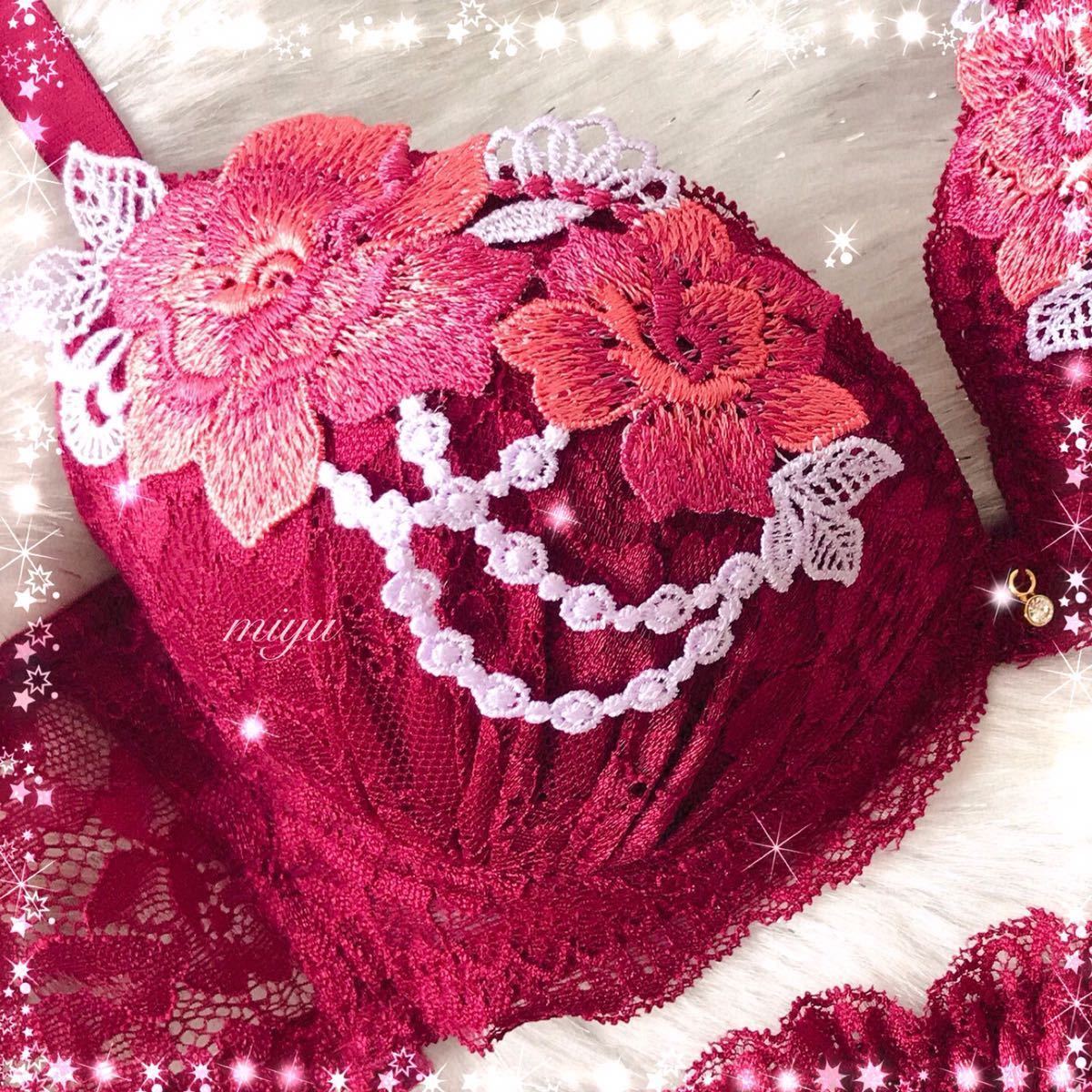 D65M★ジュエリーランジェ ワインレッド★ブラジャー&ショーツセット★ローズ 薔薇 刺繍 ケミカルレース セクシー Dカップ アンダー65 みゆ