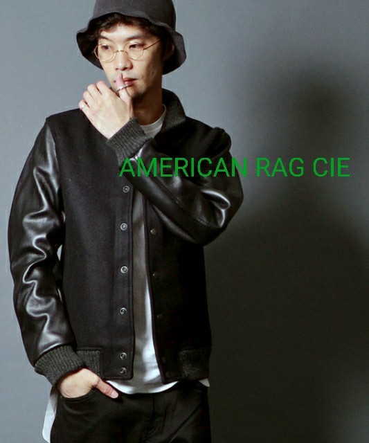 綺麗◆AMERICAN RAG CIE アメリカンラグシー メルトン 牛革 袖革レザー スタジャン メンズ(size 2)黒 ブラック_画像1