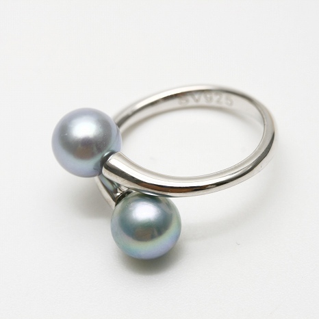 アコヤ真珠パールリング【指輪】　2ヶ付　7.5-8.0mm　ブルーグレーカラー　シルバー製リング枠