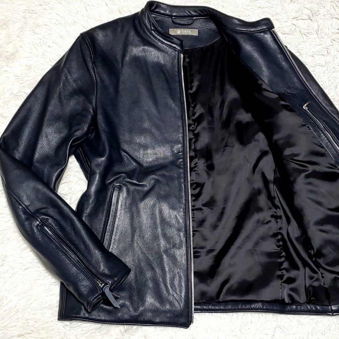 極美品 XL ナノユニバース ライダース ラムレザー 希少カラー ネイビー