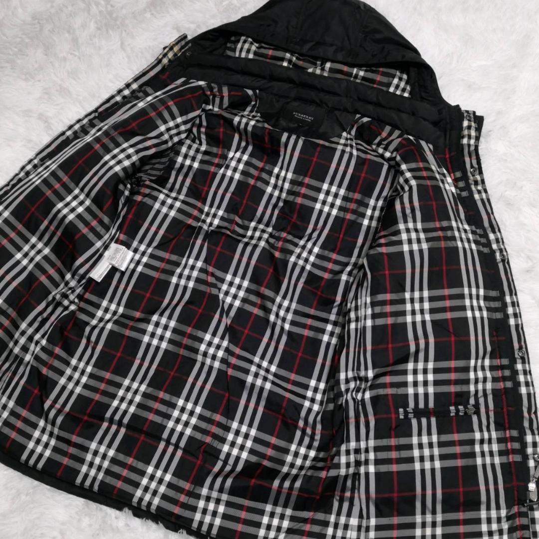 美品 M バーバリーブラックレーベル 最高級 ホワイトグース ダウン コート 黒 ノバチェック フード ブラック BURBERRY BLACK LABEL