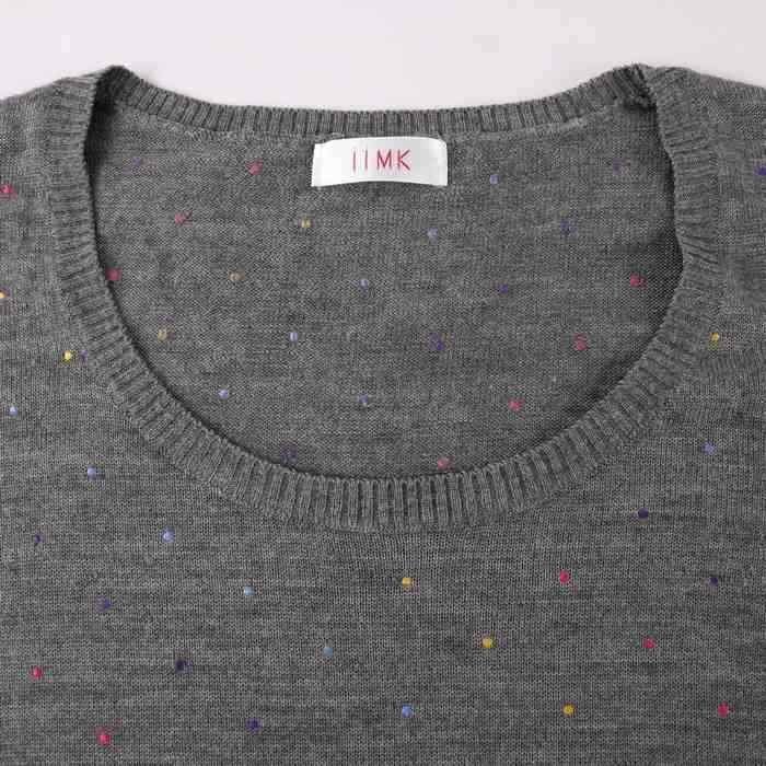  I I.M ke- knitted sweater long sleeve wool . dot embroidery tops lady's 40 size gray iiMK