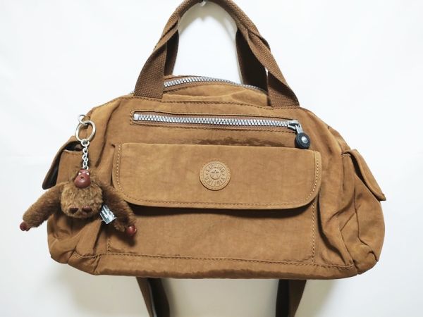 KIPLING キプリング 2way ハンドバッグ ショルダー チャーム付き 茶 ブラウン ナイロン_画像1