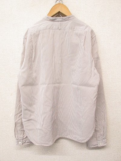 k6399：日本製*MARGARET HOWELLマーガレットハウエル シルク絹混 ノーカラー ストライプシャツ 2 長袖シャツ/ブラウス 茶白/レディース：35_画像2